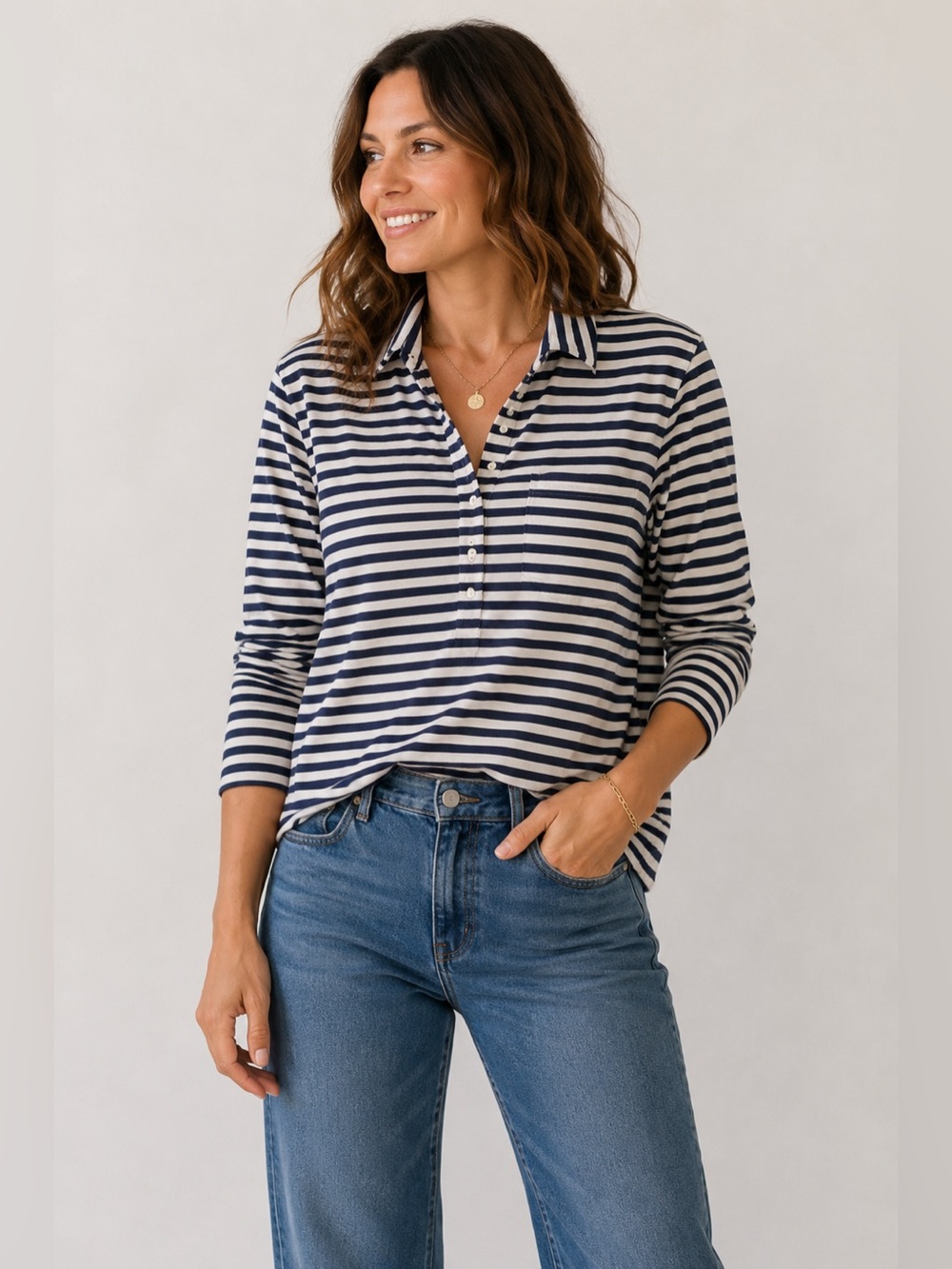J.Crew Navy White Striped Long Sleeve Knit Polo Top Women’s Medium